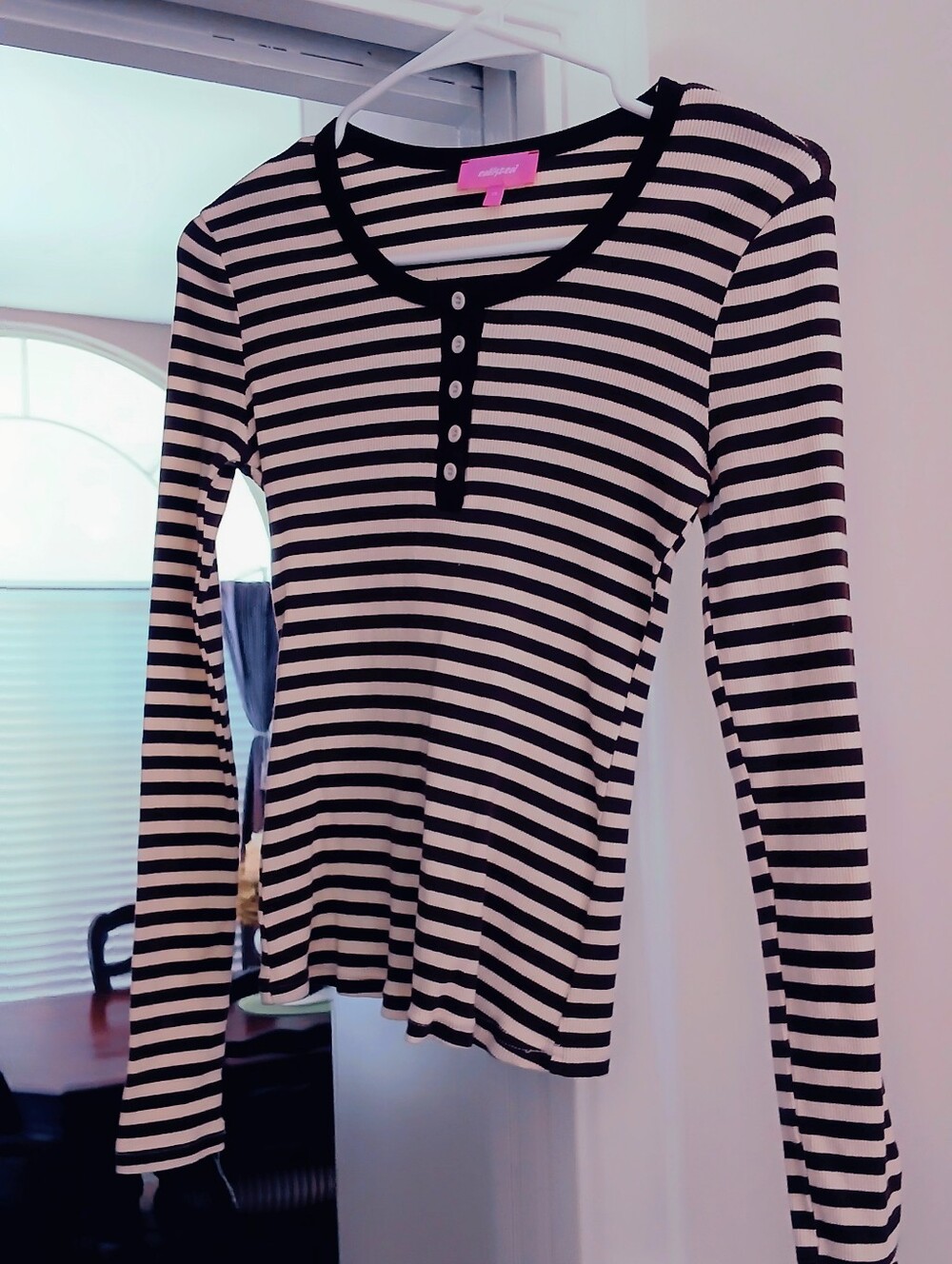 Brown and Cream Striped Henley Long Sleeve Top